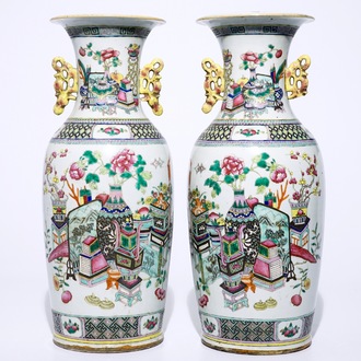 A pair of Chinese famille rose vases with "100 antiquities" design, 19th C.