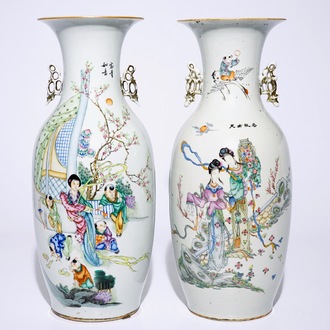 Deux grands vases en porcelaine de Chine famille rose, 19/20ème