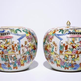 A pair of Chinese famille rose "one hundred boys" ginger jars, 19th C