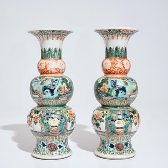 A pair of Chinese famille verte triple gourd vases, 19th C.