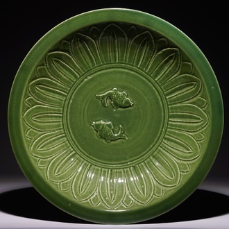 A large Chinese dark green celadon “Twin fish” dish, 20th C.