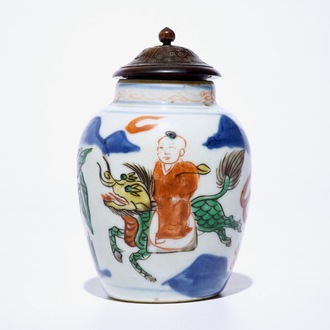 A small Chinese wucai jar with a by riding a kylin, Transitional period, Shunzhi