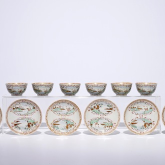 Een set van zes Chinese famille rose koppen en schotels in Meissen-stijl, Qianlong