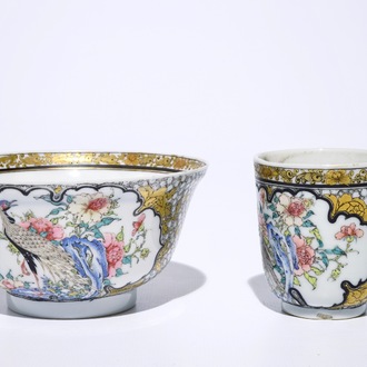 A fine Chinese famille rose and grisaille eggshell bowl with a pheasant, with a related cup, Yongzheng