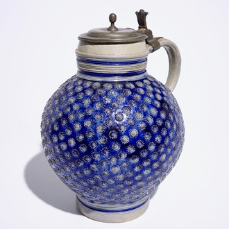 A large globular Westerwald jug with pewter lid, 17th C.