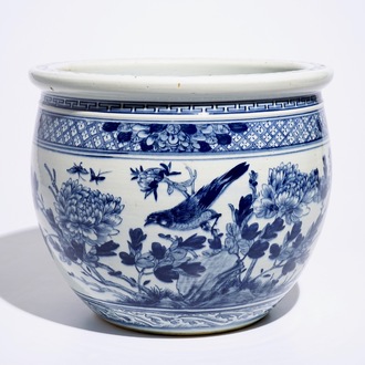 A blue and white Chinese fishbowl with birds among flowers, 19th C.