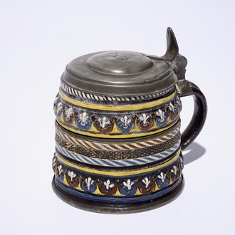 A Creussen German stoneware pewter-mounted mug, 17th C.
