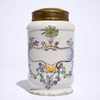 A polychrome Dutch Delft albarello-shaped pharmacy drug jar, 18th C.