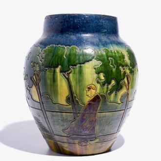 A large Flemish pottery vase with figures below trees, prob. Laigneil, Kortrijk, early 20th C.