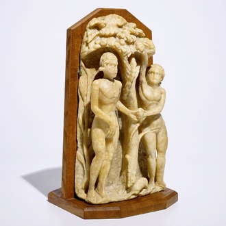 A Flemish carved alabaster group of Adam and Eve, Mechelen, 16th C.