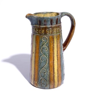 A Flemish pottery jug with proverbial inscription, signed LMV, Torhout, ca. 1900