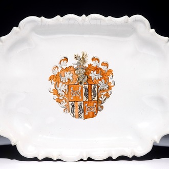 An unusual armorial tray "de Mathelin", Brussels or Northern France, 18/19th C.