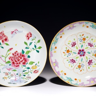 Two Chinese famille rose plates, one with a butterfly among peony blossoms, Yongzheng/Qianlong