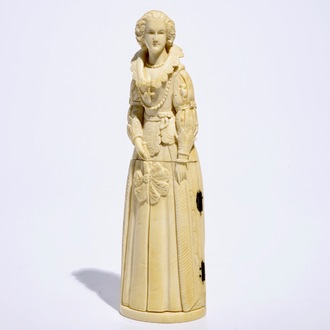 A carved ivory figure of Mary Stuart with a hidden triptych, Dieppe, France, 19th C.