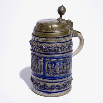 A large Westerwald stein with pewter lid decorated with views of Cologne, 17th C.