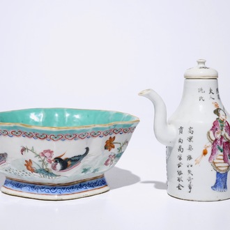 A Chinese famille rose wu shuang pu jug and a bowl with mandarin ducks, 19th C.