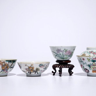 Un lot de quatre bols en porcelaine de Chine famille rose, dont un couvert, 19/20ème