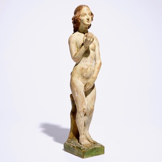 Un grand modèle d'Eve en bois sculpté polychrome, France, 17ème