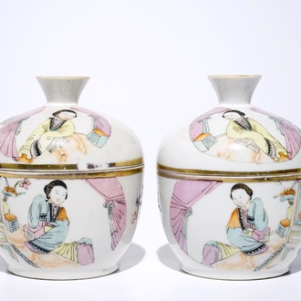 A pair of Chinese qianjiang cai covered bowls, 19/20th C.