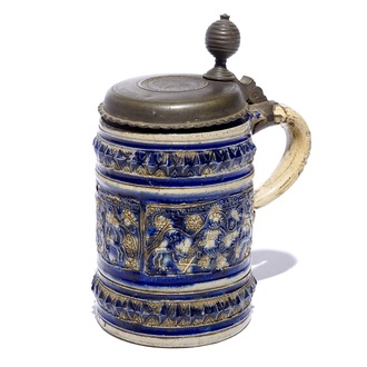 A Westerwald stein with pewter lid decorated with "Daniel in the lion's den", 17th C.
