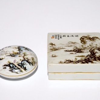 Twee Chinese qianjiang cai zegelwasdoosjes met deksels, 19/20e eeuw