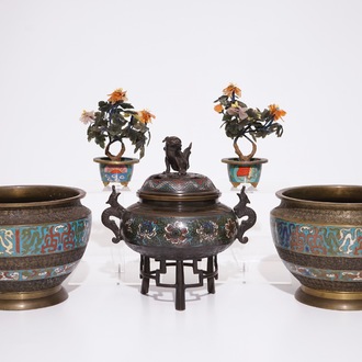 A Japanese censer, a pair of urns and two semi-precious stone trees in bronze and champlevé, Meiji, 19/20th C.