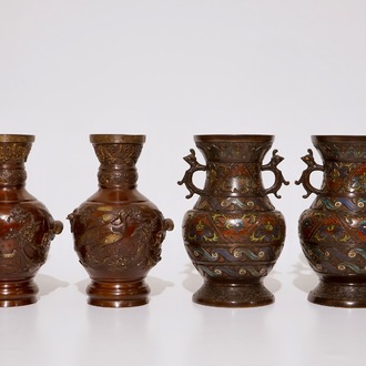 Two pairs of Japanese bronze and champlevé vases, Meiji, 19th C.