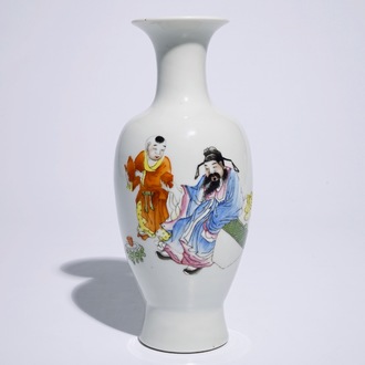 A Chinese famille rose vase with a sage and a boy, Hongxian mark, 20th C.