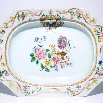 A large octagonal Chinese famille rose export armorial dish, Qianlong
