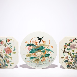 Three Chinese famille rose plaques with birds among flowers, 19th C.
