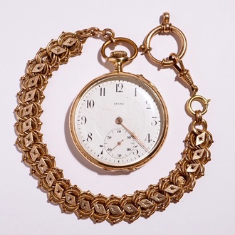 Un montre de poche en or 14 K dans sa boîte d'origine, Invar, Suisse, début du 20ème