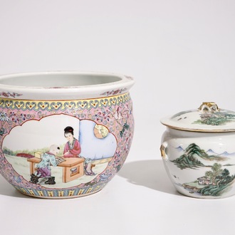 A Chinese qianjiang cai food bowl and cover and a famille rose flowerpot, 19/20th C.