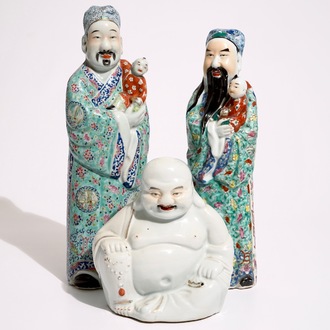 Two Chinese famille rose figures of immortals and a white-glazed model of Buddha, 19/20th C.