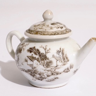 A Chinese grisaille miniature teapot with a landscape design, Yongzheng