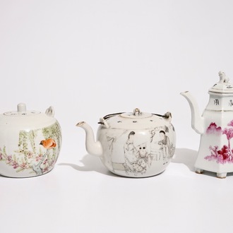 Two Chinese qianjiang cai teapots and a wine jug, 19/20th C.