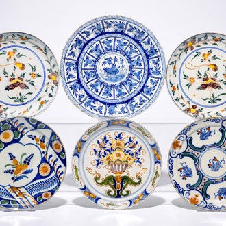 Six Dutch Delft blue and white and polychrome plates, 18th C.
