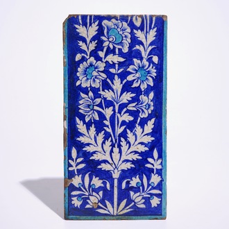 A Multan turquoise, blue and white pottery tile with floral design, Sind, Pakistan, 18/19th C.