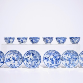 Six tasses et soucoupes en porcelaine de Chine bleu et blanc, Kangxi/Yongzheng