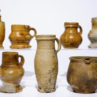 A collection of mostly German stoneware jugs, a.o. Raeren, 15/17th C.