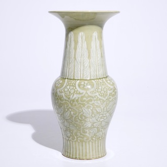 Théodore Deck (1823-1891), attr., a slip-decorated celadon chinoiserie yenyen vase, France, 19th C.