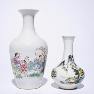 A Chinese famille rose vase with playing boys and a qianjiang cai landscape vase, 20th C