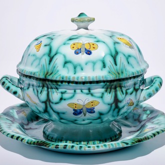 A Brussels faience tureen and cover on stand with butterflies and caterpillars, 18th C.