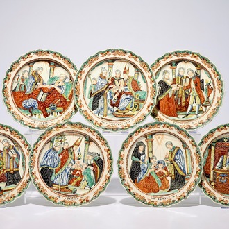 A complete series of seven Dutch-Decorated Leeds creamware "Sacraments" plates, 18th C.