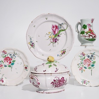 A group of French "faience de l'Est" wares, incl. a tureen, a jug and three plates, 18/19th C.