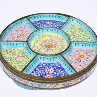 A Chinese Canton enamel sweetmeat set on tray, 19th C.