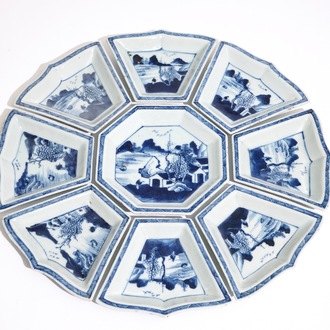 Un service à mendiants de neuf pièces en porcelaine de Chine bleu et blanc, Chine, 19ème