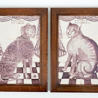 Une paire de panneaux de carreaux de Delft d'un chat et chien en manganèse, 18ème