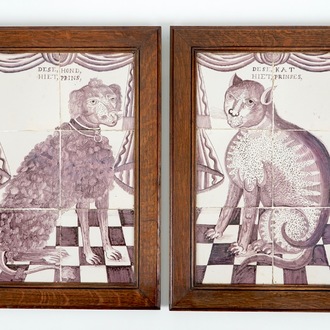 A pair of manganese Dutch Delft tile panels with a cat and a dog, 18th C.