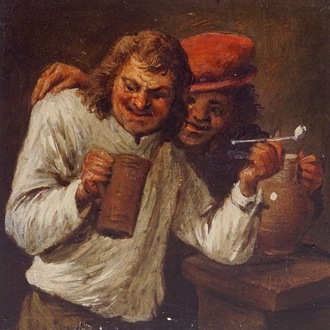 Dans le style d' Egbert Van Heemskerk II (1610-1680), "Deux buveurs avec leurs cruches en grès", huile sur panneau