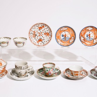 A varied lot of Chinese famille rose and iron red cups and saucers, 18/19th C.